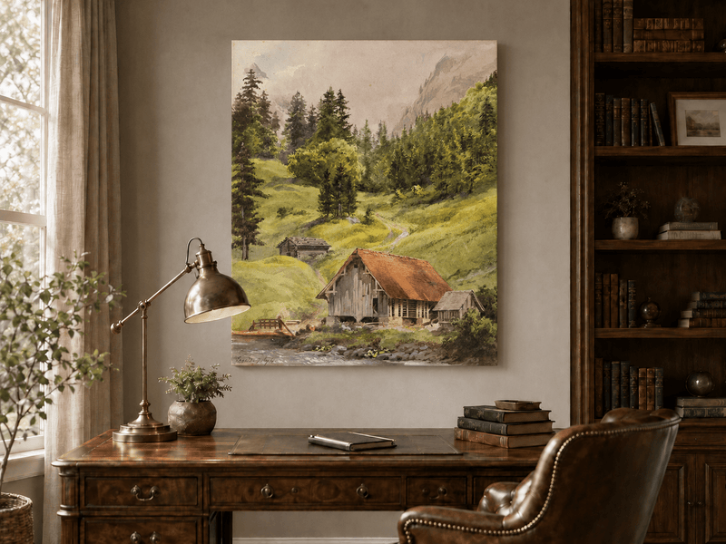 Landscape Oil Painting - Alpine Cabin and Forest Mountain Path