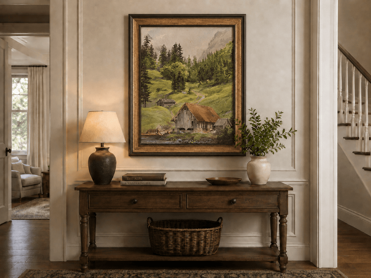 Landscape Oil Painting - Alpine Cabin and Forest Mountain Path