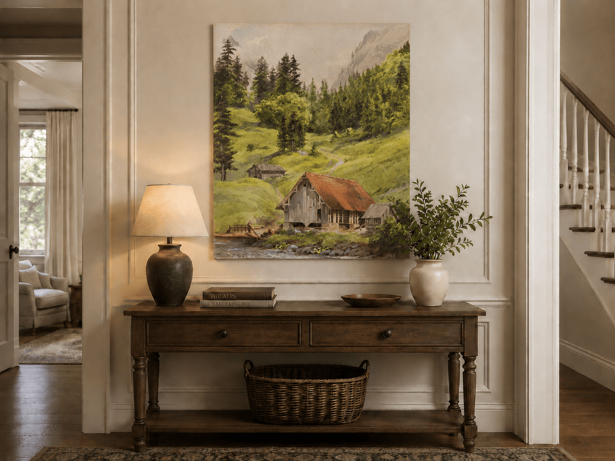 Landscape Oil Painting - Alpine Cabin and Forest Mountain Path