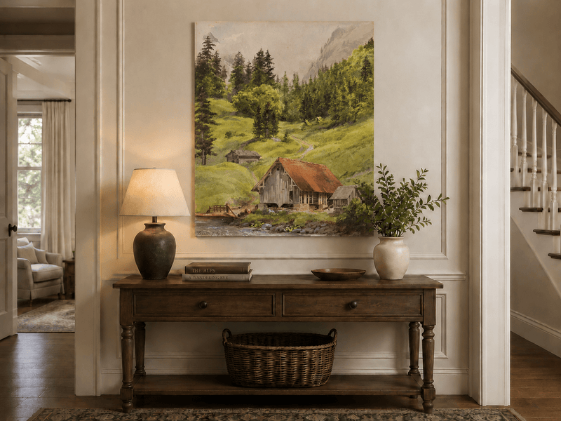 Landscape Oil Painting - Alpine Cabin and Forest Mountain Path