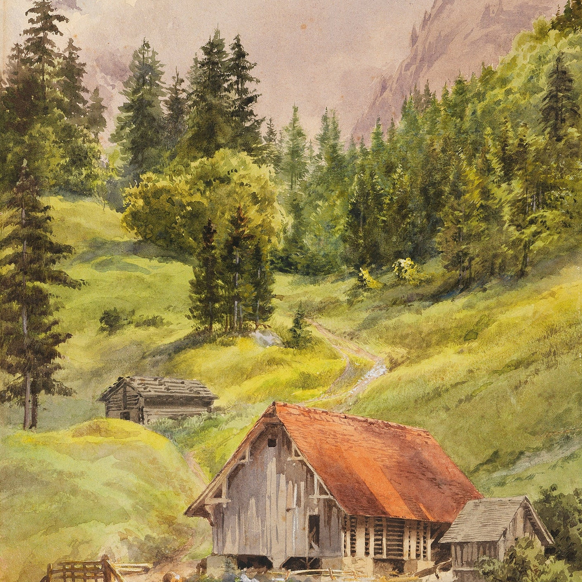 Landscape Oil Painting - Alpine Cabin and Forest Mountain Path - Oil Painting Haven
