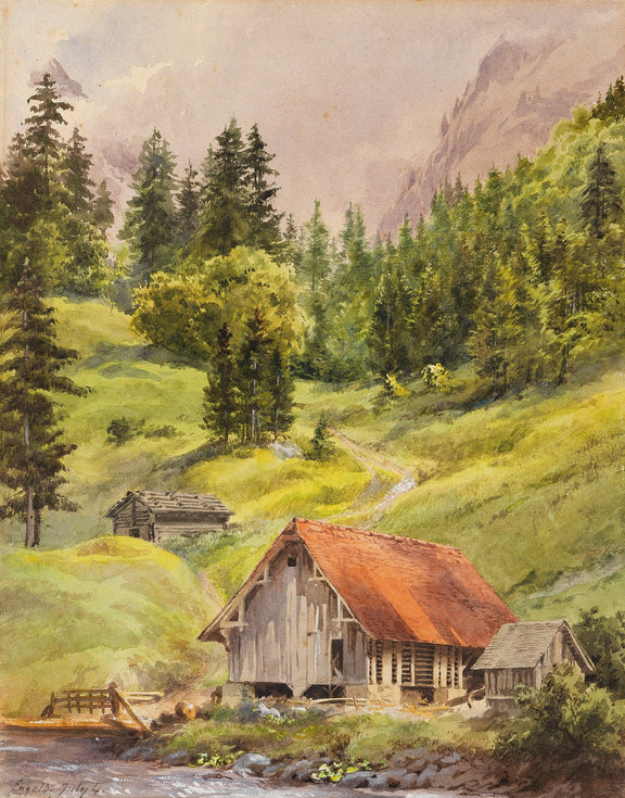 Landscape Oil Painting - Alpine Cabin and Forest Mountain Path - Oil Painting Haven