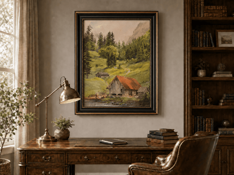 Landscape Oil Painting - Alpine Cabin and Forest Mountain Path