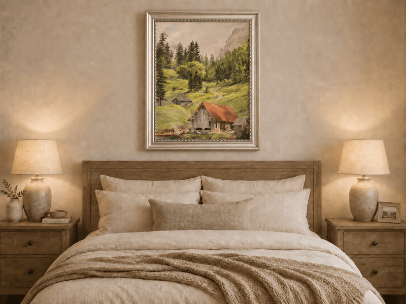 Landscape Oil Painting - Alpine Cabin and Forest Mountain Path