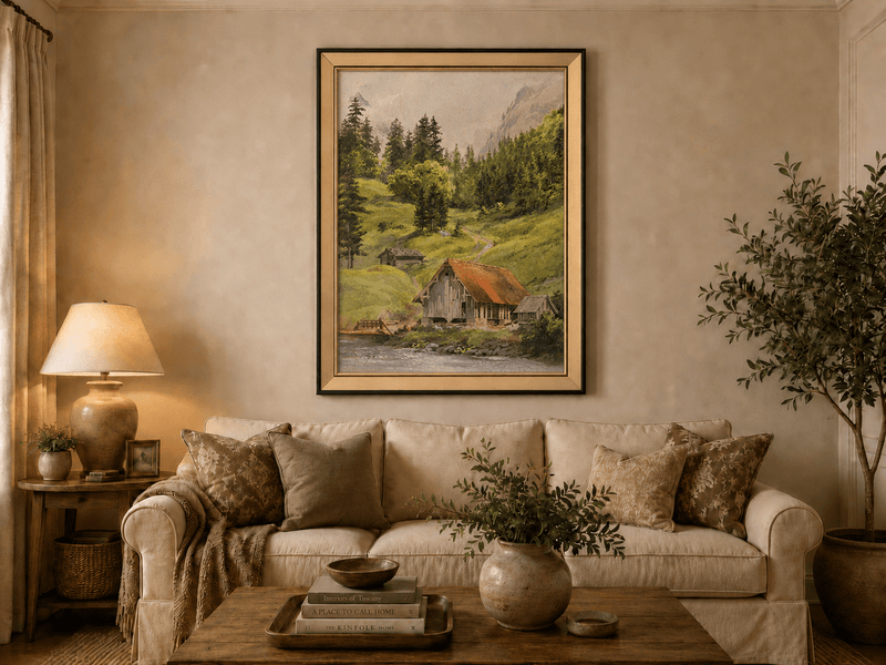 Landscape Oil Painting - Alpine Cabin and Forest Mountain Path