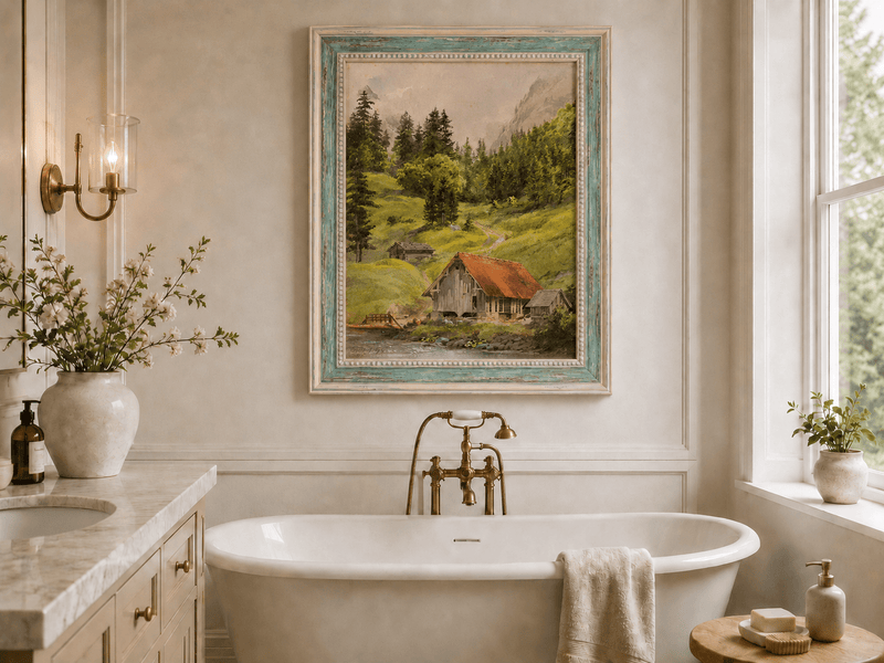 Landscape Oil Painting - Alpine Cabin and Forest Mountain Path