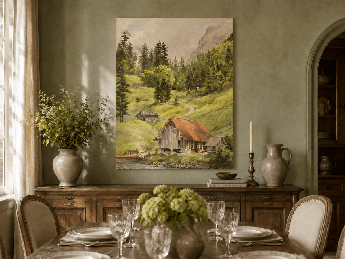 Landscape Oil Painting - Alpine Cabin and Forest Mountain Path