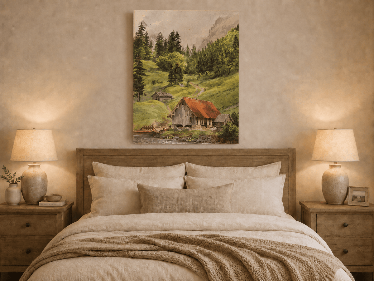 Landscape Oil Painting - Alpine Cabin and Forest Mountain Path
