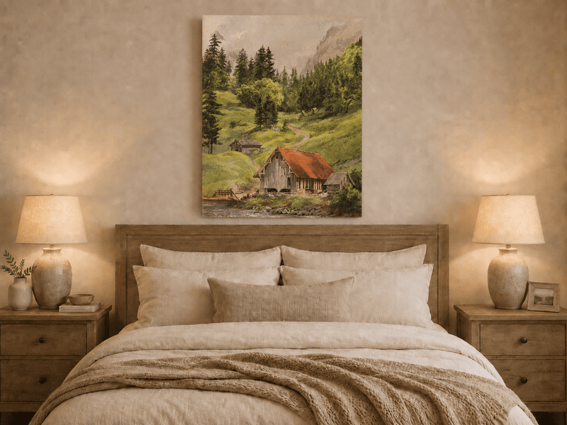 Landscape Oil Painting - Alpine Cabin and Forest Mountain Path