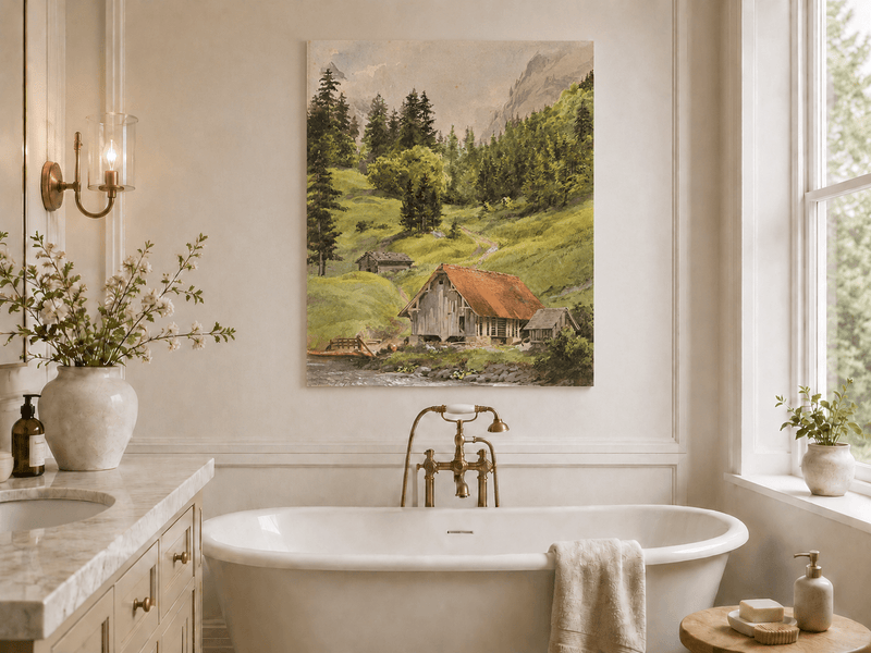 Landscape Oil Painting - Alpine Cabin and Forest Mountain Path