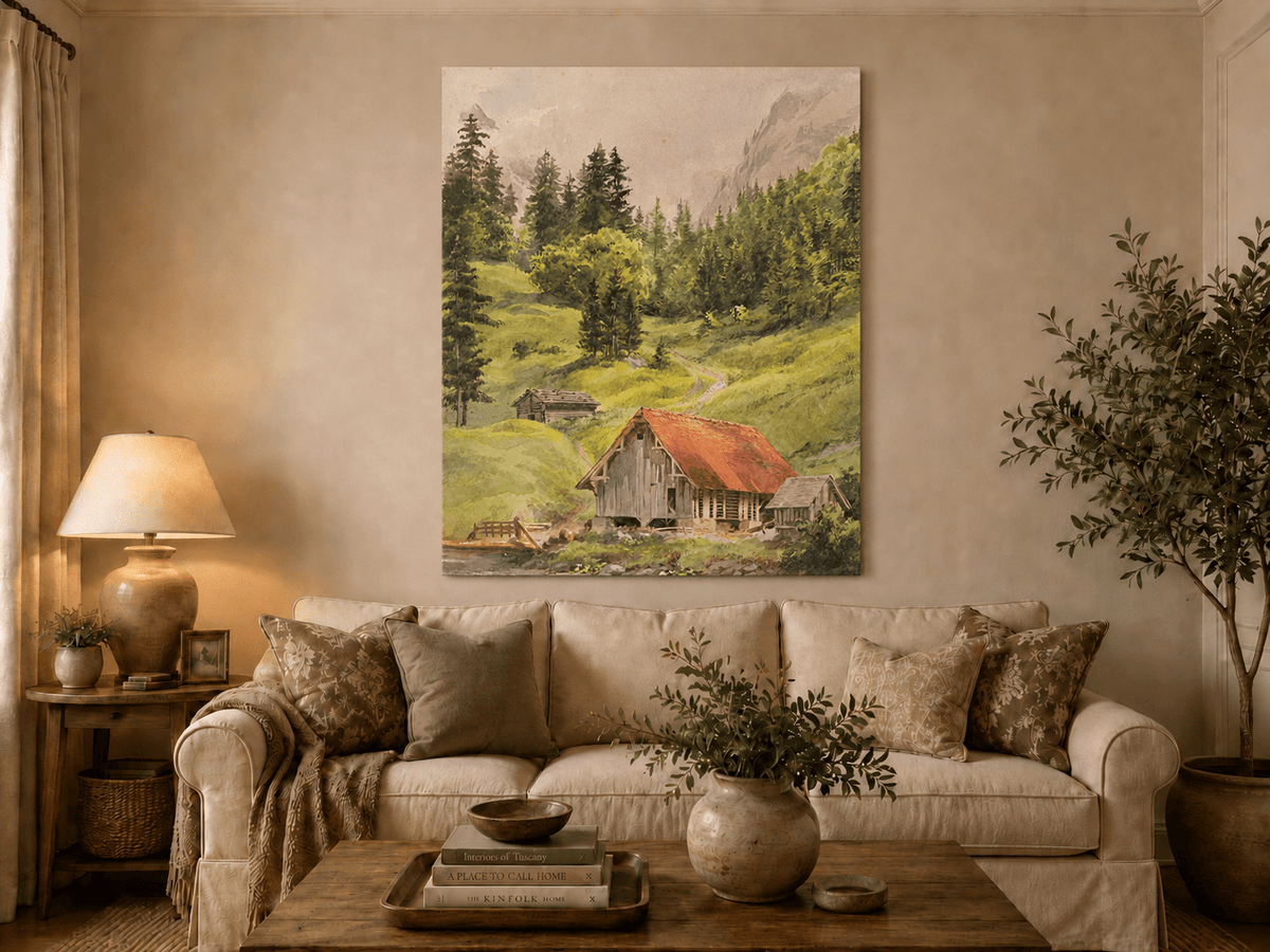 Landscape Oil Painting - Alpine Cabin and Forest Mountain Path