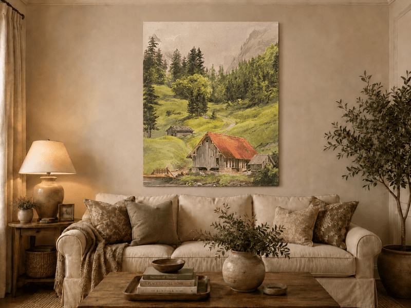 Landscape Oil Painting - Alpine Cabin and Forest Mountain Path