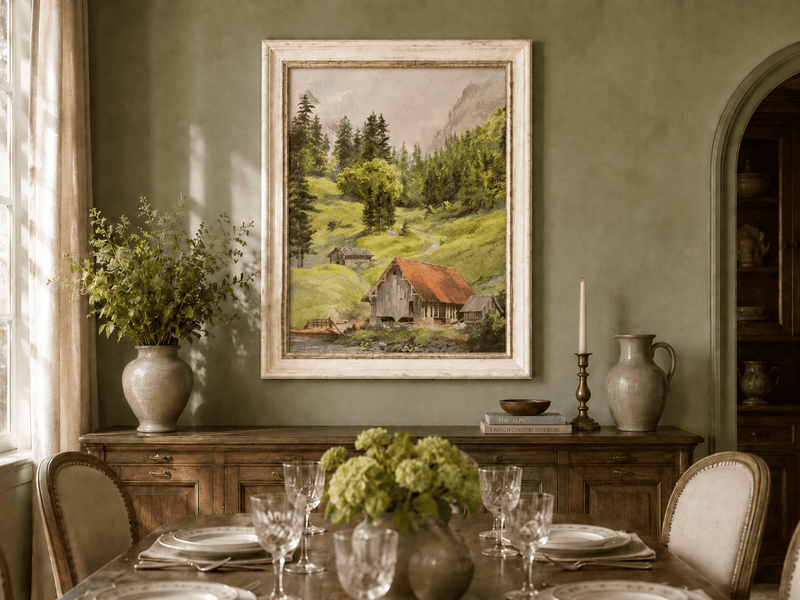 Landscape Oil Painting - Alpine Cabin and Forest Mountain Path