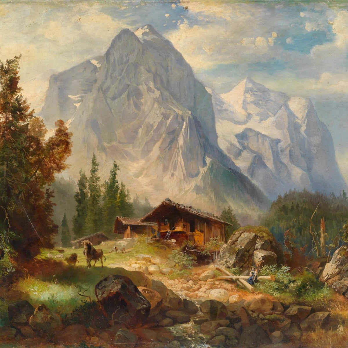 Landscape Oil Painting - Alpine Cabin & Snow - Capped Mountain Peaks - Oil Painting Haven