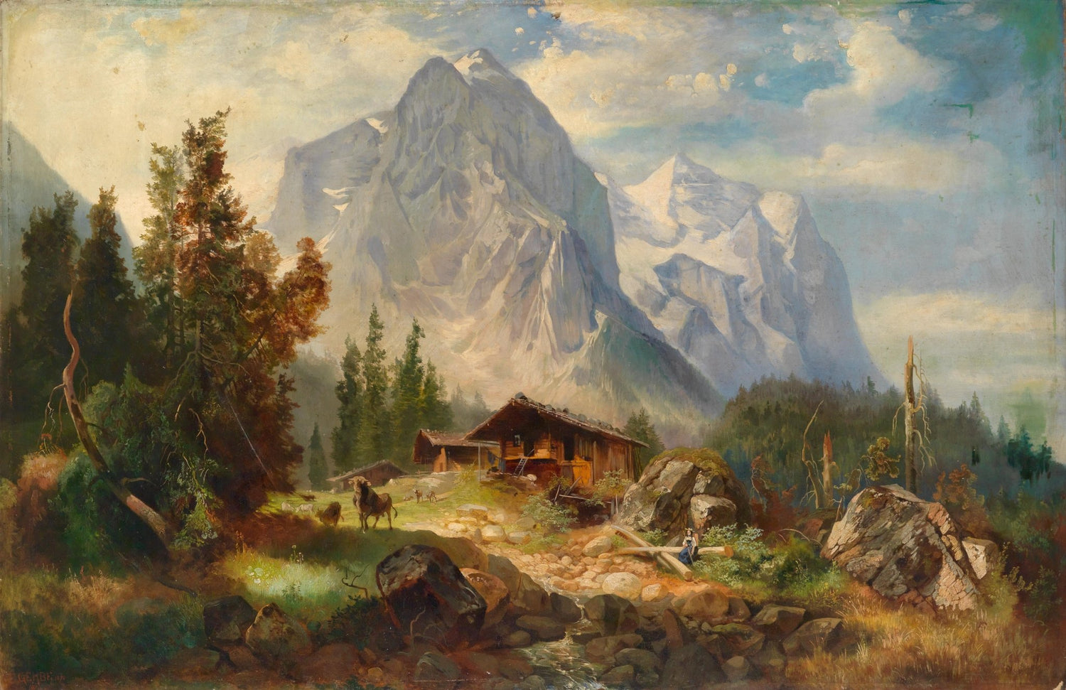 Landscape Oil Painting - Alpine Cabin & Snow - Capped Mountain Peaks - Oil Painting Haven