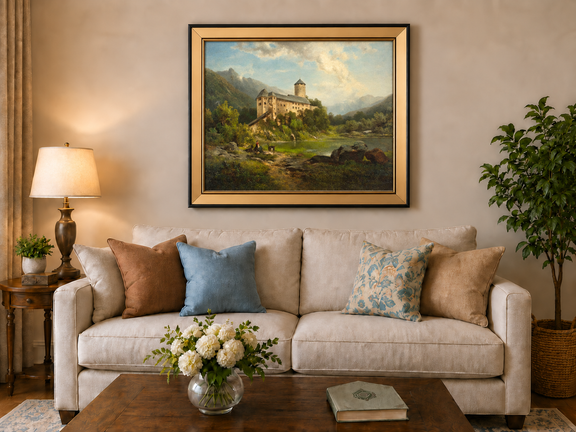 Hand-painted Alpine Castle by Quiet Lake landscape oil painting displayed as wall art in a styled interior