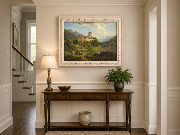 Hand-painted Alpine Castle by Quiet Lake landscape oil painting displayed as wall art in a styled interior