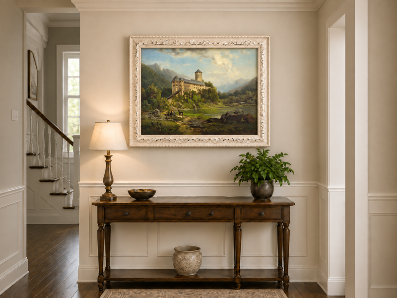 Hand-painted Alpine Castle by Quiet Lake landscape oil painting displayed as wall art in a styled interior