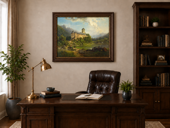 Hand-painted Alpine Castle by Quiet Lake landscape oil painting displayed as wall art in a styled interior