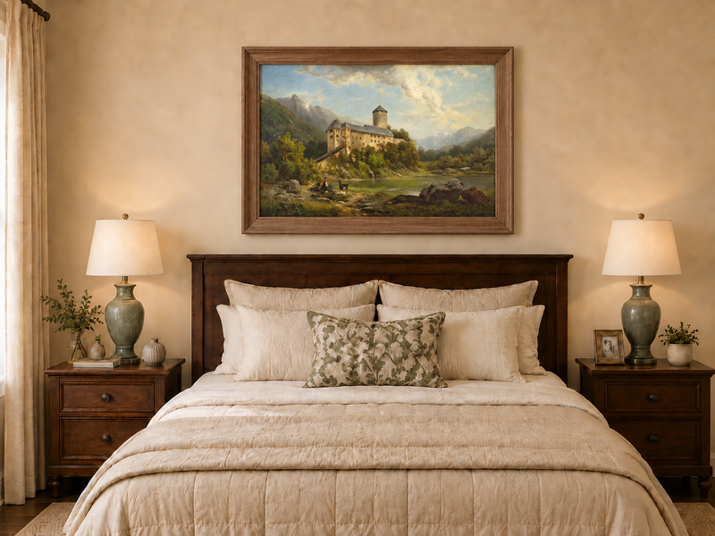 Hand-painted Alpine Castle by Quiet Lake landscape oil painting displayed as wall art in a styled interior