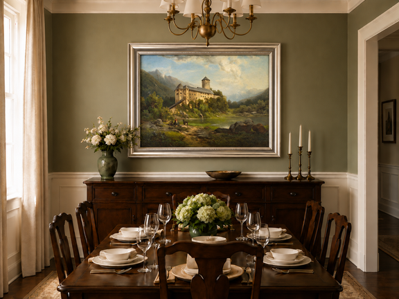 Hand-painted Alpine Castle by Quiet Lake landscape oil painting displayed as wall art in a styled interior