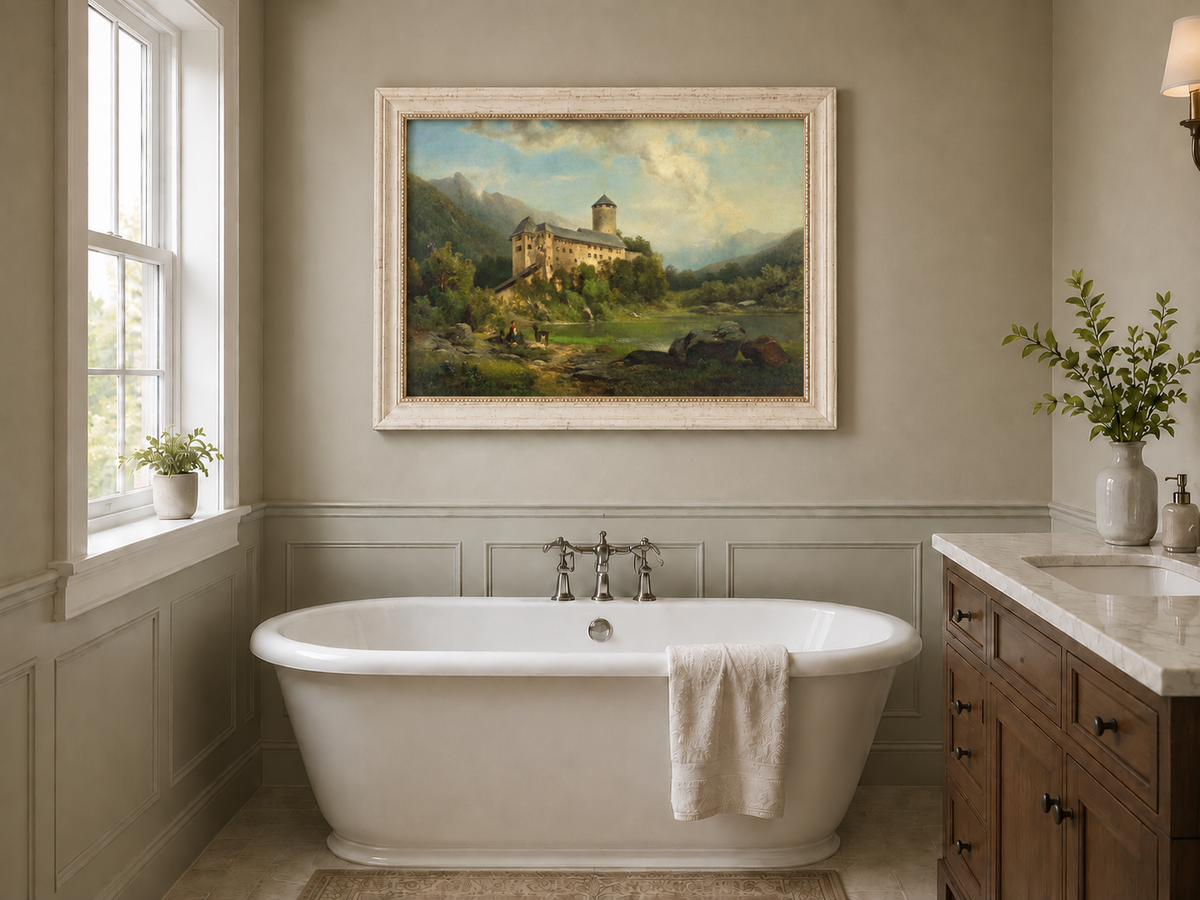 Hand-painted Alpine Castle by Quiet Lake landscape oil painting displayed as wall art in a styled interior