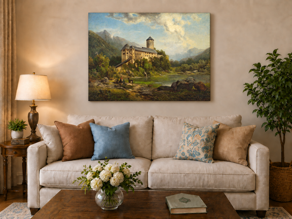 Hand-painted Alpine Castle by Quiet Lake landscape oil painting displayed as wall art in a styled interior