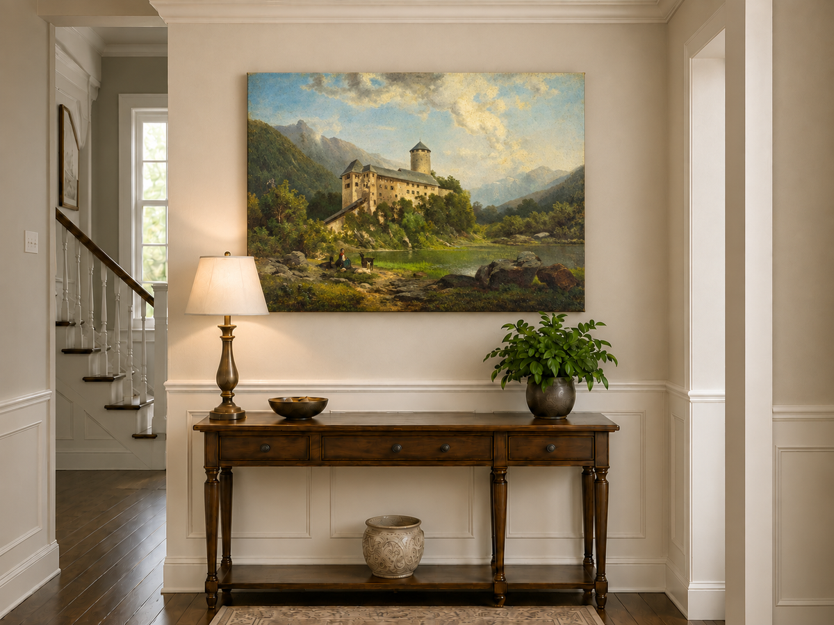 Hand-painted Alpine Castle by Quiet Lake landscape oil painting displayed as wall art in a styled interior