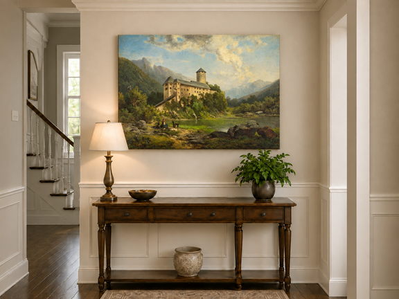 Hand-painted Alpine Castle by Quiet Lake landscape oil painting displayed as wall art in a styled interior