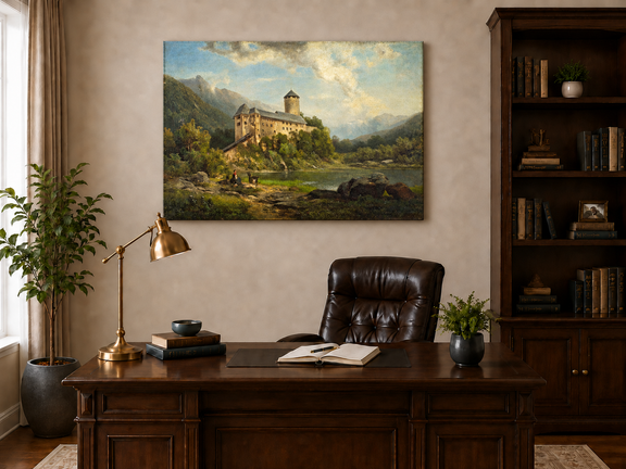 Hand-painted Alpine Castle by Quiet Lake landscape oil painting displayed as wall art in a styled interior