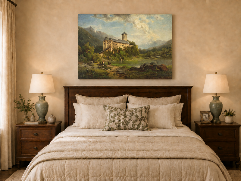 Hand-painted Alpine Castle by Quiet Lake landscape oil painting displayed as wall art in a styled interior
