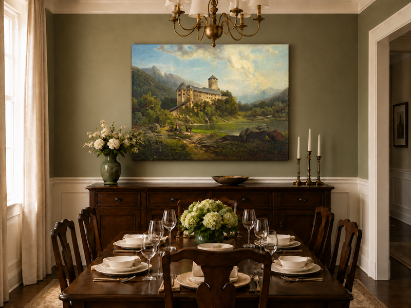 Hand-painted Alpine Castle by Quiet Lake landscape oil painting displayed as wall art in a styled interior