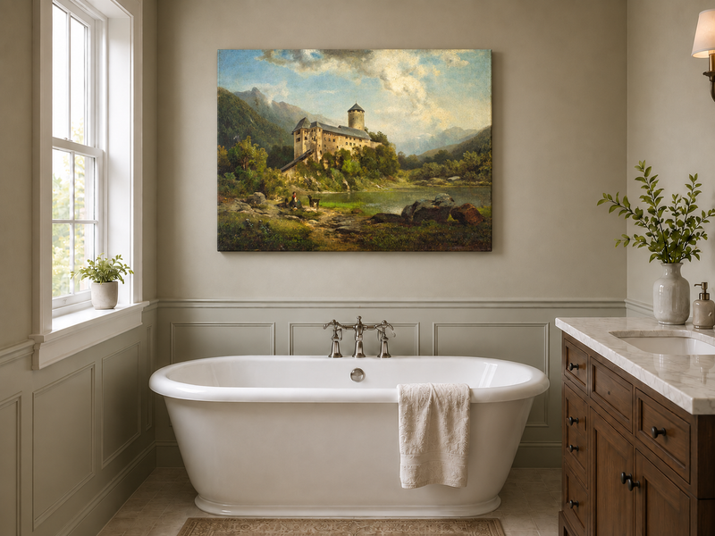 Hand-painted Alpine Castle by Quiet Lake landscape oil painting displayed as wall art in a styled interior
