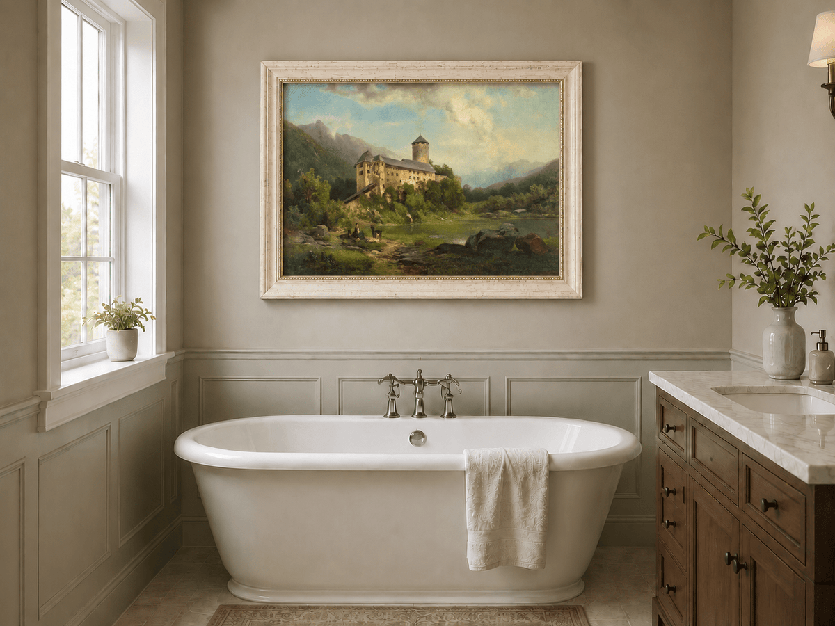 Hand-painted Alpine Castle by Quiet Lake landscape oil painting displayed as wall art in a styled interior