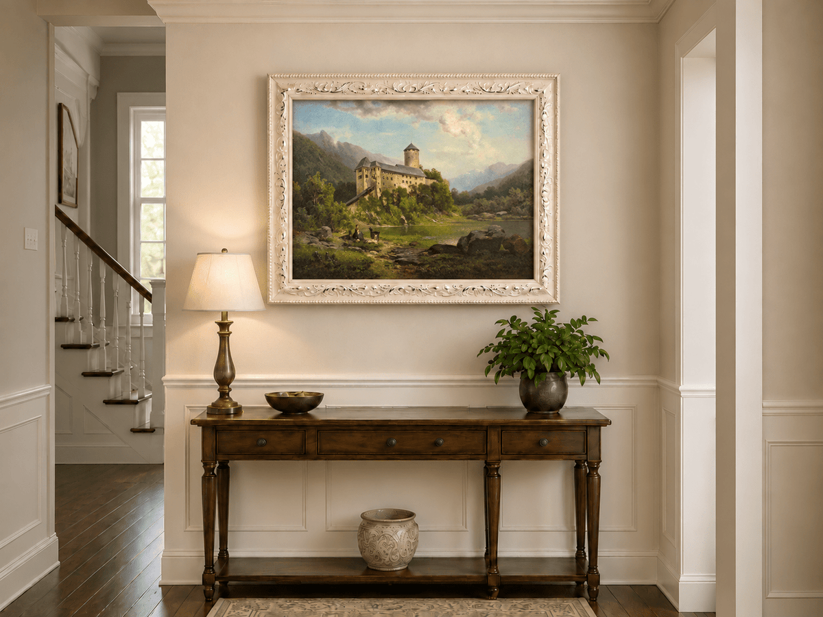 Hand-painted Alpine Castle by Quiet Lake landscape oil painting displayed as wall art in a styled interior