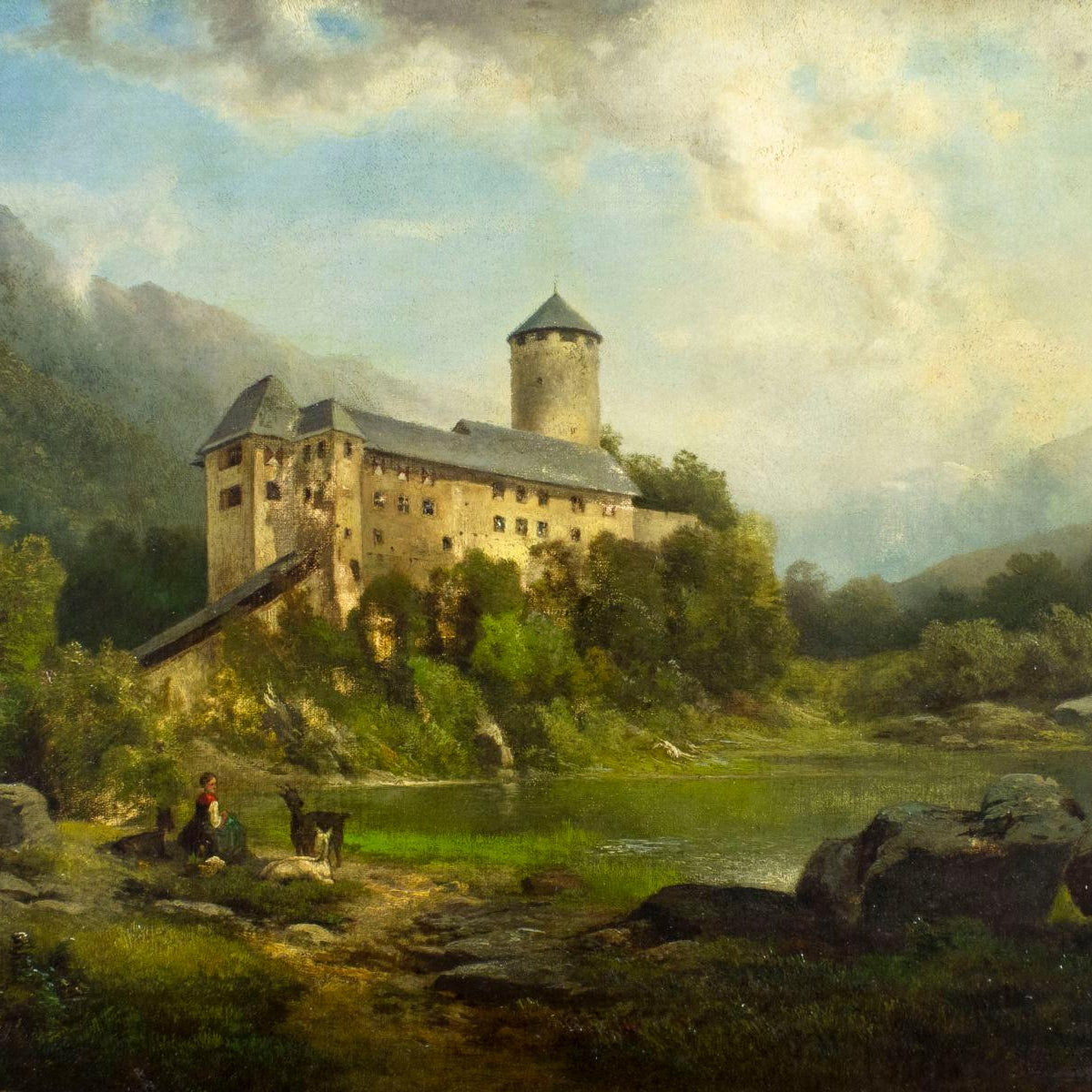 Hand-painted alpine castle by quiet lake landscape oil painting on canvas