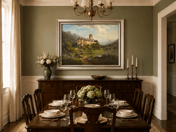 Hand-painted Alpine Castle by Quiet Lake landscape oil painting displayed as wall art in a styled interior