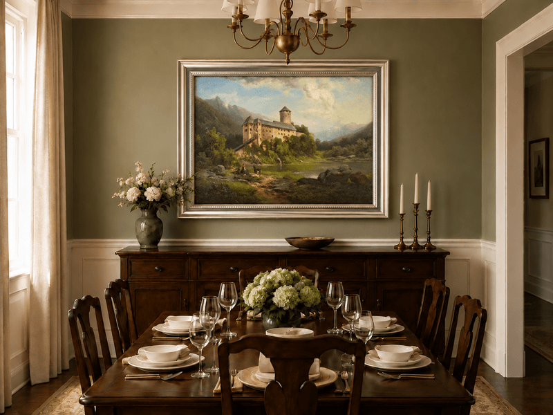 Hand-painted Alpine Castle by Quiet Lake landscape oil painting displayed as wall art in a styled interior