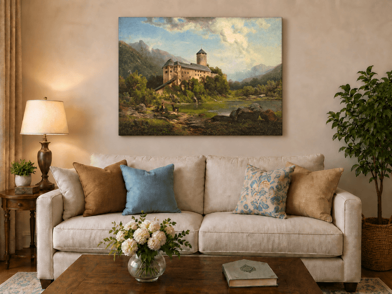 Hand-painted Alpine Castle by Quiet Lake landscape oil painting displayed as wall art in a styled interior