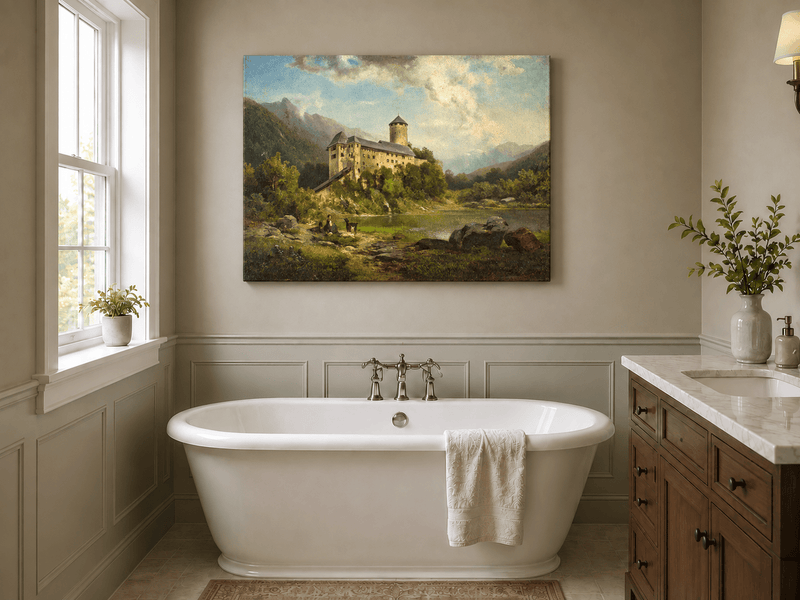 Hand-painted Alpine Castle by Quiet Lake landscape oil painting displayed as wall art in a styled interior