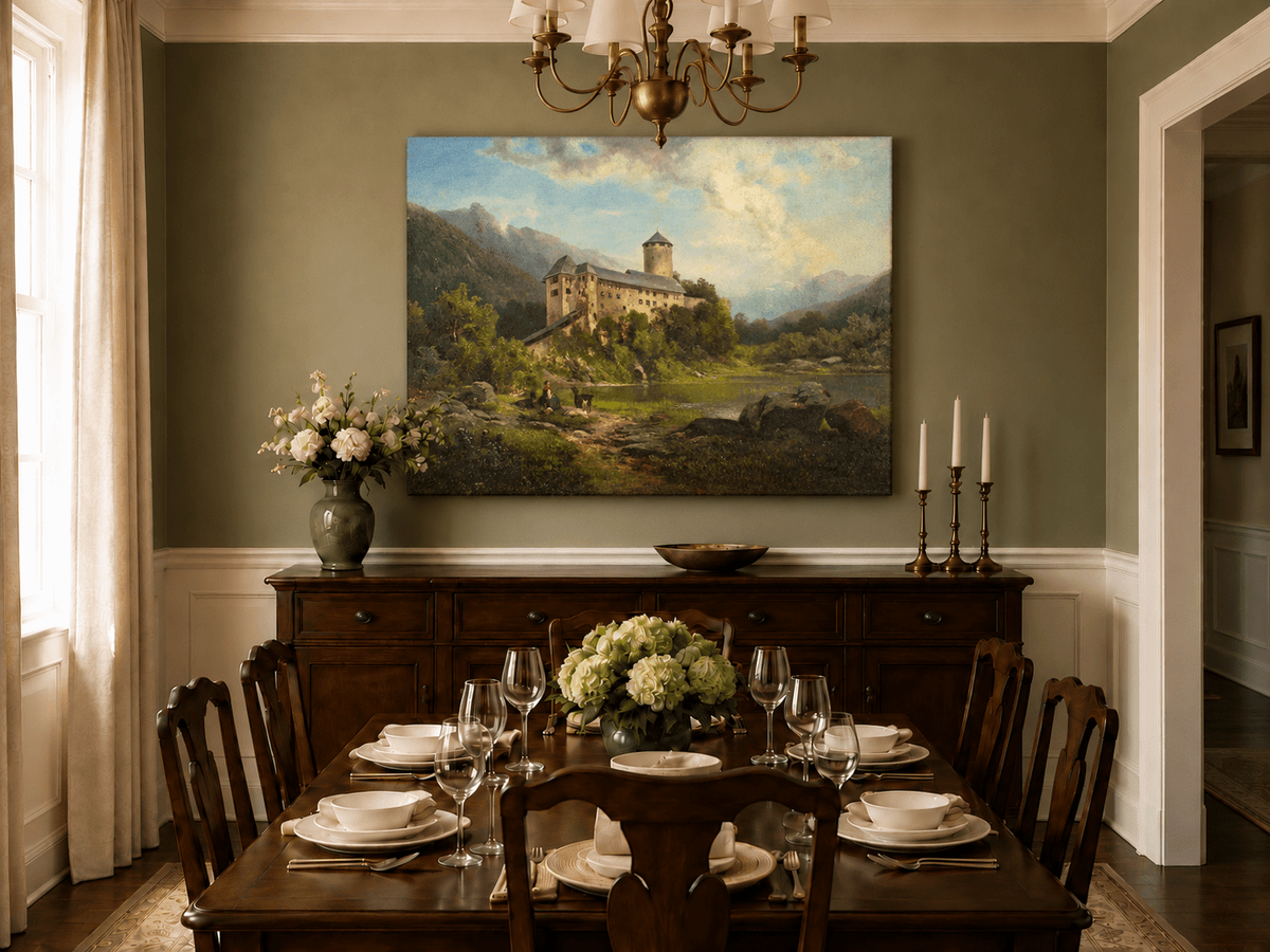 Hand-painted Alpine Castle by Quiet Lake landscape oil painting displayed as wall art in a styled interior