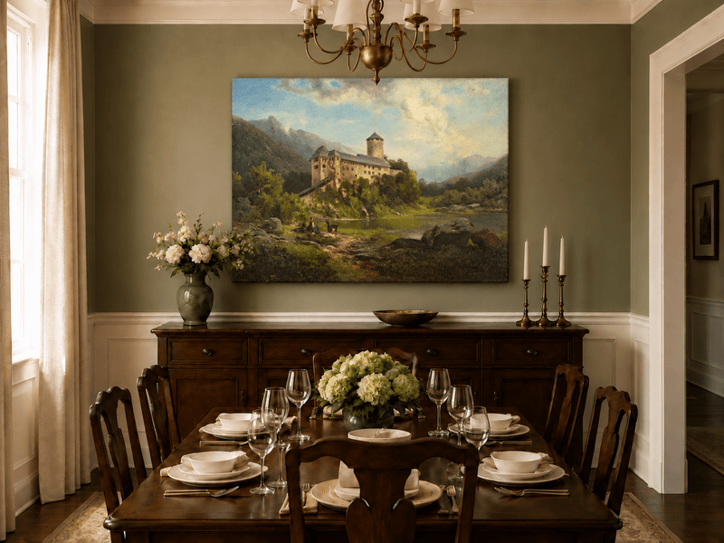 Hand-painted Alpine Castle by Quiet Lake landscape oil painting displayed as wall art in a styled interior
