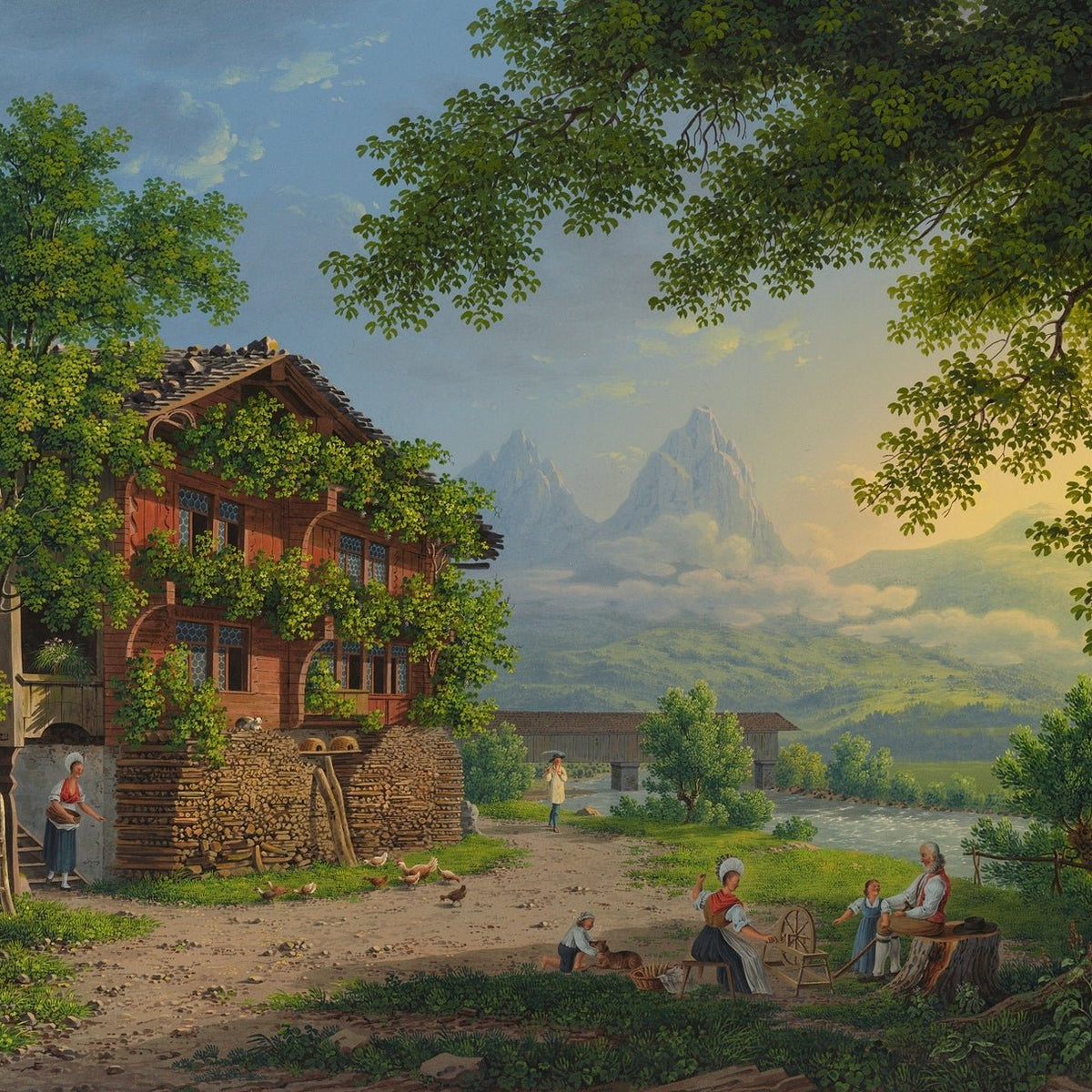 Hand-painted alpine chalet and riverside family scene landscape oil painting on canvas