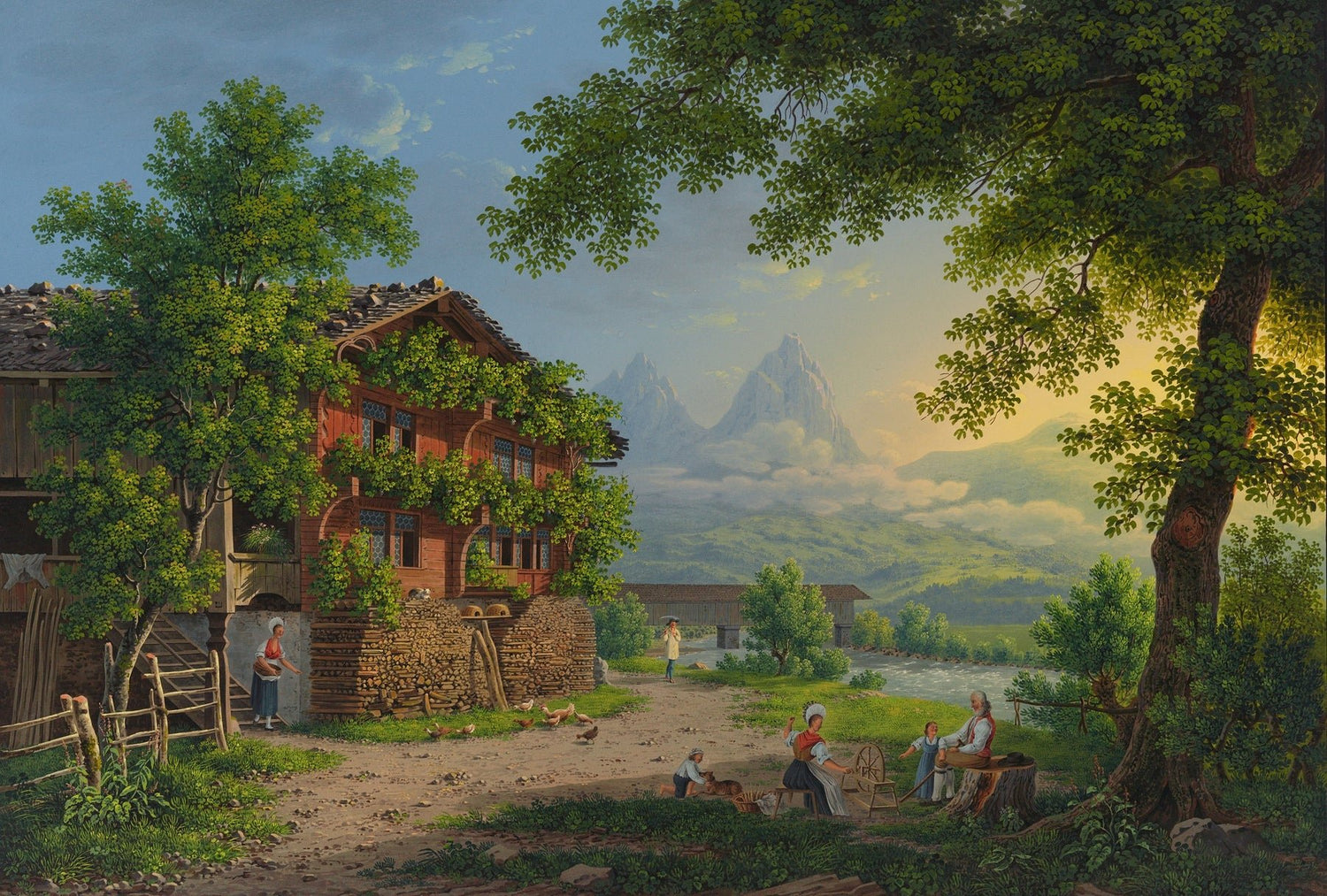 Hand-painted alpine chalet and riverside family scene landscape oil painting on canvas