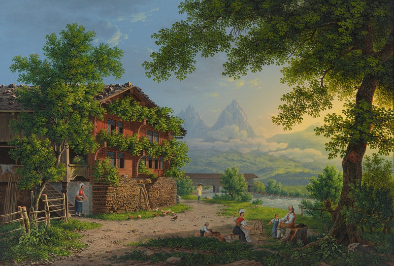 Hand-painted alpine chalet and riverside family scene landscape oil painting on canvas