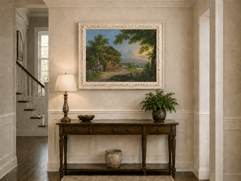 Landscape Oil Painting - Alpine Chalet and Riverside Family Scene