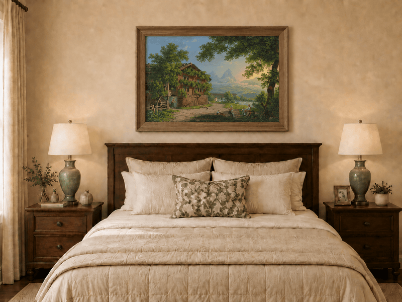 Landscape Oil Painting - Alpine Chalet and Riverside Family Scene