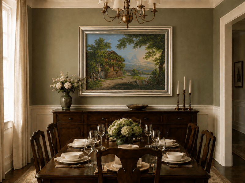 Landscape Oil Painting - Alpine Chalet and Riverside Family Scene
