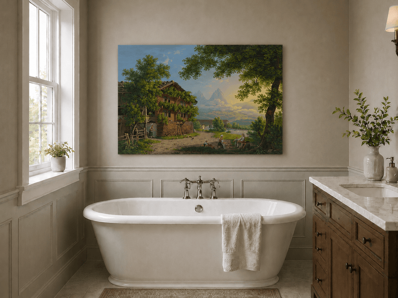 Landscape Oil Painting - Alpine Chalet and Riverside Family Scene