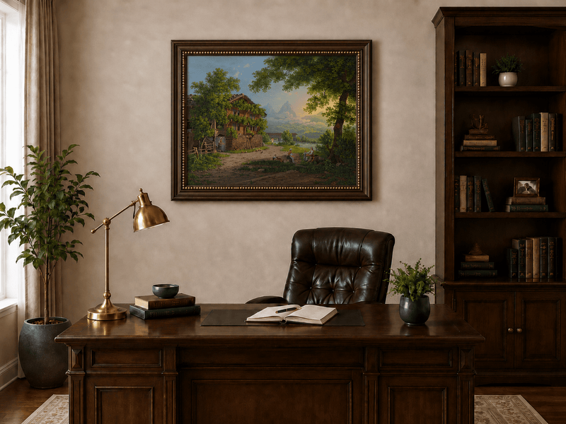 Landscape Oil Painting - Alpine Chalet and Riverside Family Scene